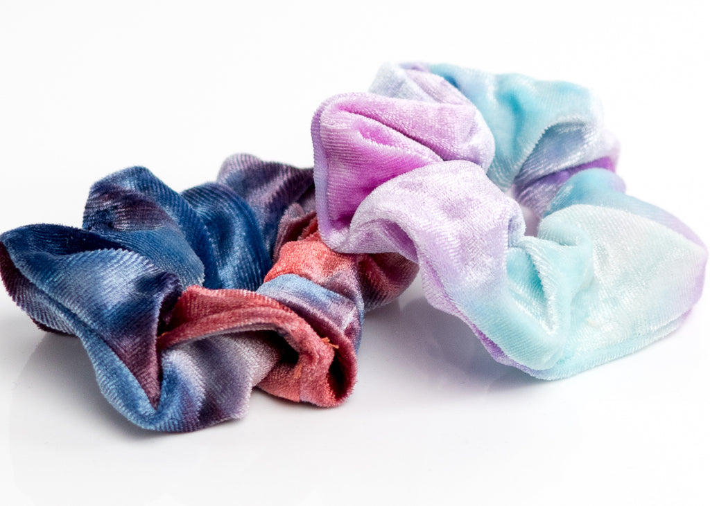 Tie-Dye Blue and Purple Velvet Scrunchy Set